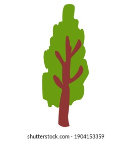 Green deciduous tree or bush. Shrubbery art design. Brown trunk and branches. Graphic elements. Cartoon doodle style. Nature and ecology. Park, forest or garden. Spring or summer. For post cards