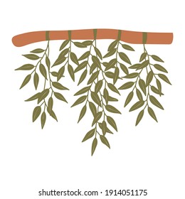 Green decor on the wall in the form of a branch to which green leaves are tied. The illustration is made in pastel shades. Fits perfectly into home interiors and vector illustrations.