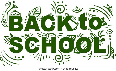 Green decor text back to school with bell, book, pencils and leaves