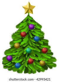 Green decorated Christmas tree isolated on white background.
