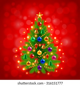 Green decorated Christmas tree on red background realistic vector