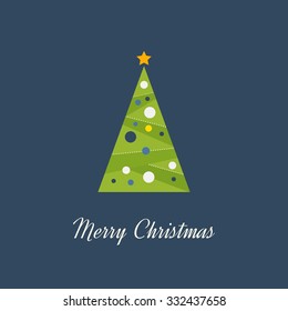 Green decorated Christmas tree with a yellow star. Christmas greeting card. Happy New Year. Vector illustration