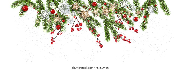 Green decoration with fir and balls winter holiday invitation. Template Christmas sample for banners, advertising, leaflet, cards, greeting, invitation and so on.