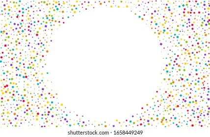 Green Decoration Round Postcard. White Celebration Dot Invitation. Effect Shine Background. Colorful Rain Flying Pattern.