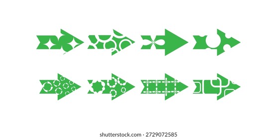 Iconos decorativos verdes de la flecha fijados con los patrones Abstractas geométricos para el Web y el Diseño gráfico