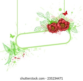 Green decorative banner with red flowers and bird