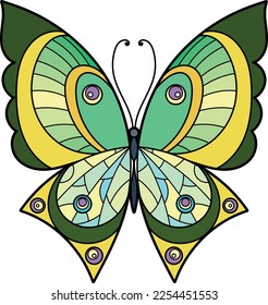 Green decorative butterfly. Ornate pattern wings moth