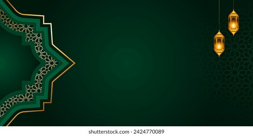 green decorative Islamic ramadan kareem eid mubarak arabic arch luxury frame with mosque background banner design. Translation. "Muslim fasting month and celebration day after fasting."