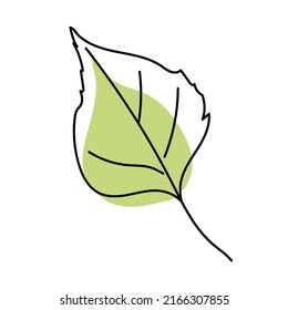 Green decorative leaf isolated on white background. Leaves in linear art with the addition of colored spots. Vector illustration.