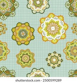 Green Decorative Mandalas Vector Seamless Pattern