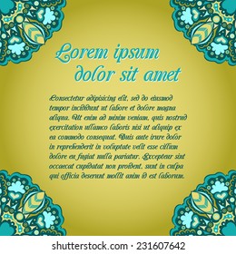 Green decorative seamless ethnic pattern. Floral pattern. Frame for your text. Greeting card.