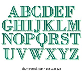 Green decorative typeface set isolated on white. Uppercase vector alphabet.  