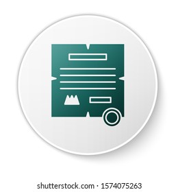 Green Decree, paper, parchment, scroll icon icon isolated on white background. White circle button. Vector Illustration
