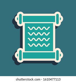 Green Decree, paper, parchment, scroll icon icon isolated on blue background. Long shadow style. Vector Illustration