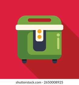Green deep fryer machine for frying food icon in flat style on a red background