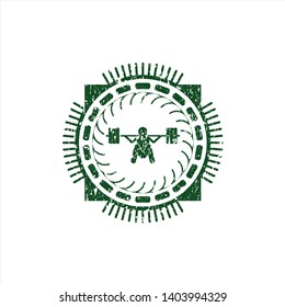 Green deep squat icon inside rubber grunge seal