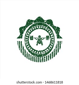 Green deep squat icon inside rubber seal with grunge texture