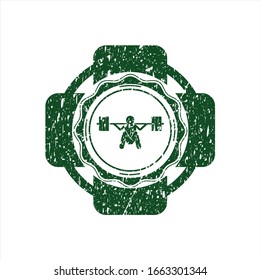Green deep squat icon inside rubber seal with grunge texture