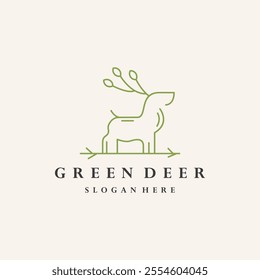 Green Deer Logo Design with Leaf Antlers on White Background Vector