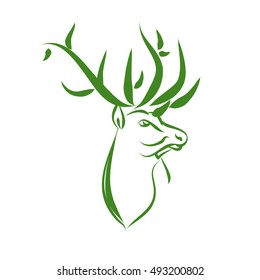 Green deer logo zoo protection. A symbol of nature - a deer head with large horns. Vector illustration on white background