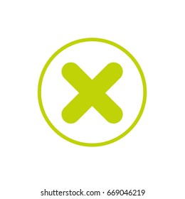 Green delete button in  green circle. Warning error icon. Flat vector icon isolated on white. Cancel seal stamp watermark. Flat round X mark.