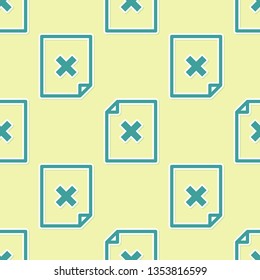 Green Delete file document icon isolated seamless pattern on yellow background. Rejected document icon. Cross on paper. Flat design. Vector Illustration