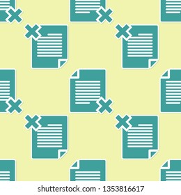 Green Delete file document icon isolated seamless pattern on yellow background. Rejected document icon. Cross on paper. Flat design. Vector Illustration