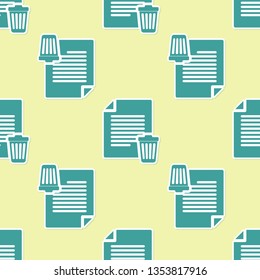 Green Delete file document icon isolated seamless pattern on yellow background. Paper sheet with recycle bin sign. Rejected document icon. Cross on paper. Flat design. Vector Illustration