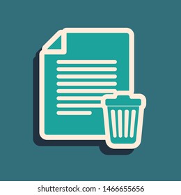 Green Delete file document icon isolated on blue background. Paper sheet with recycle bin sign. Rejected document icon. Cross on paper. Long shadow style. Vector Illustration