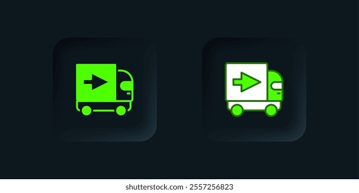 Green Delivery cargo truck vehicle icon isolated on black background. Black square button. Vector