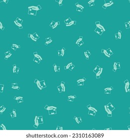 Green Delivery hand with cardboard boxes icon isolated seamless pattern on green background. Door to door delivery by courier.  Vector