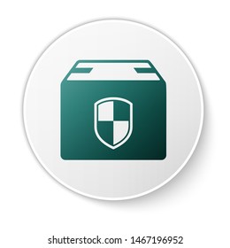 Green Delivery pack security symbol with shield icon isolated on white background. Delivery insurance. Insured cardboard boxes beyond the shield. White circle button. Vector Illustration