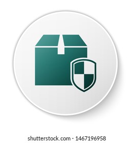 Green Delivery pack security symbol with shield icon isolated on white background. Delivery insurance. Insured cardboard boxes beyond the shield. White circle button. Vector Illustration