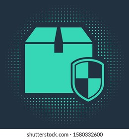 Green Delivery pack security symbol with shield icon isolated on blue background. Delivery insurance. Insured cardboard boxes beyond the shield. Abstract circle random dots. Vector Illustration