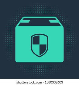 Green Delivery pack security symbol with shield icon isolated on blue background. Delivery insurance. Insured cardboard boxes beyond the shield. Abstract circle random dots. Vector Illustration