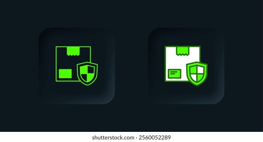 Green Delivery security with shield icon isolated on black background. Delivery insurance. Insured cardboard boxes beyond the shield. Black square button. Vector