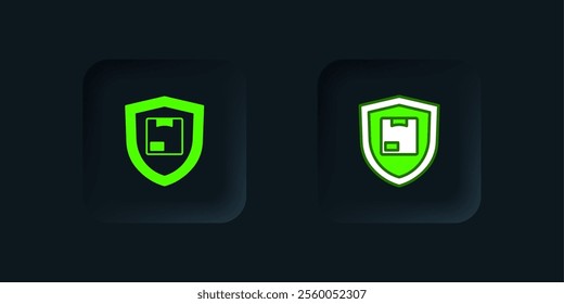 Green Delivery security with shield icon isolated on black background. Delivery insurance. Insured cardboard boxes beyond the shield. Black square button. Vector