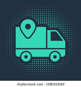 Green Delivery tracking icon isolated on blue background. Parcel tracking. Abstract circle random dots. Vector Illustration