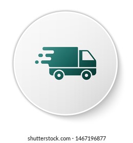 Green Delivery truck in movement icon isolated on white background. Fast shipping delivery truck. White circle button. Vector Illustration
