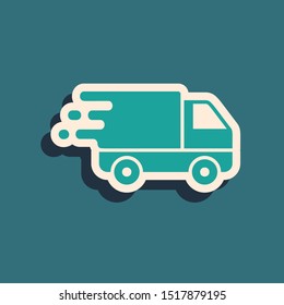 Green Delivery truck in movement icon isolated on blue background. Fast shipping delivery truck. Long shadow style. Vector Illustration