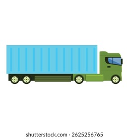 Caminhão de entrega verde transportando mercadorias em um contêiner azul, isolado sobre fundo branco