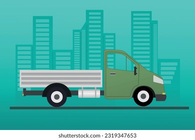 Green delivery van, truck, car ships a parcel in a city. Concept of express delivery, online delivery service. Express free delivery from the warehouse by truck, Home and office. Vector illustration
