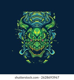 demônio verde com ilustração de arte de fundo abstrata