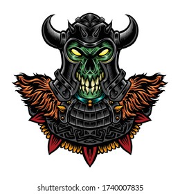 green demon with horn viking metal helmet line art illustration 