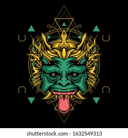 green demon mask with sacred geometry