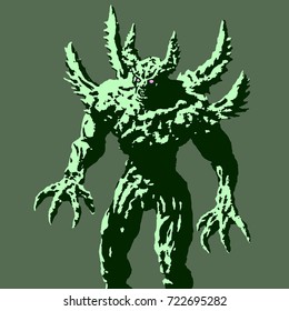Green demon with spikes stands ready to attack. Vector illustration. Scary horned monster character. Black and white colors. The horror genre.