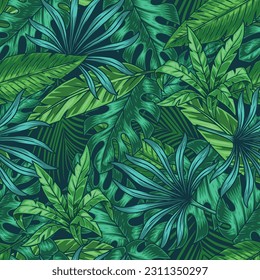 Green dense jungle seamless pattern with leaves exotic trees and shrubs growing on tropical islands and distant jungles vector illustration