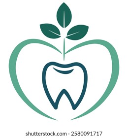 Green Dental Care Logo with Tooth and Leaf Design Featuring Heart Symbol for Health and Wellness Concepts