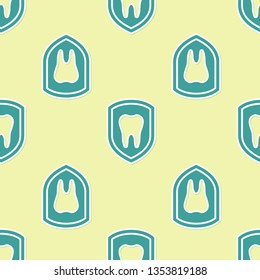 Green Dental protection icon isolated seamless pattern on yellow background. Tooth on shield logo icon. Flat design. Vector Illustration