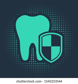 Green Dental protection icon isolated on blue background. Tooth on shield logo. Abstract circle random dots. Vector Illustration